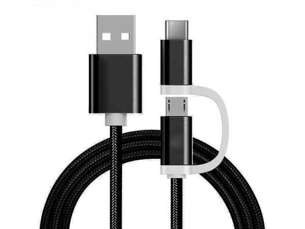 2 in 1 Ladekabel (USB Micro & Type-C) - 1,0 Meter (Schwarz-Nylon)