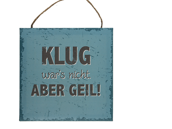 Schild , "Klug war´s nicht aber Geil!", Papier auf Holzrahmen, 20 x 20 cm